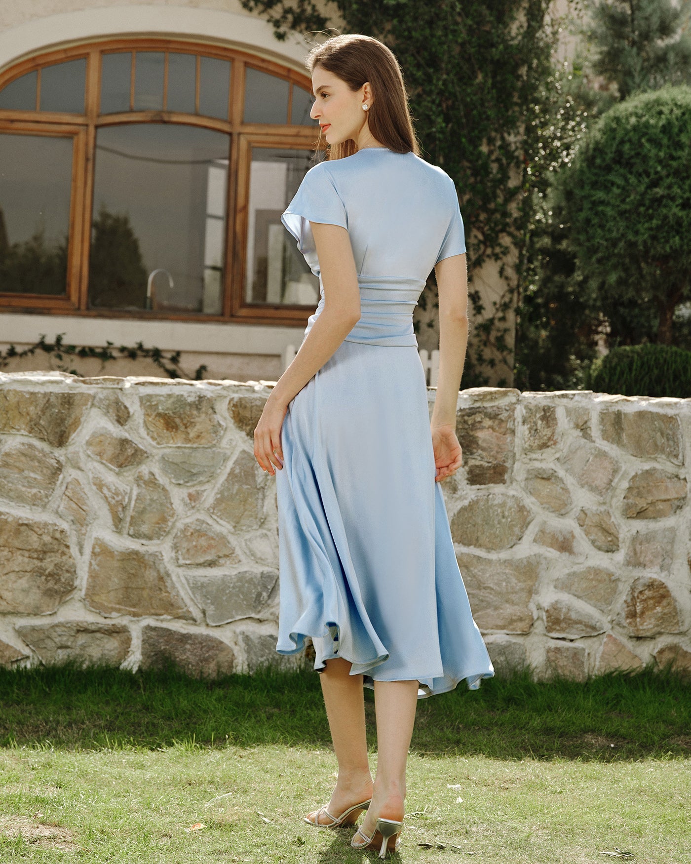 Mavi Drop Shoulder Pileli Midi Elbise