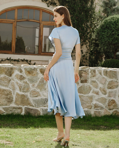 Mavi Drop Shoulder Pileli Midi Elbise