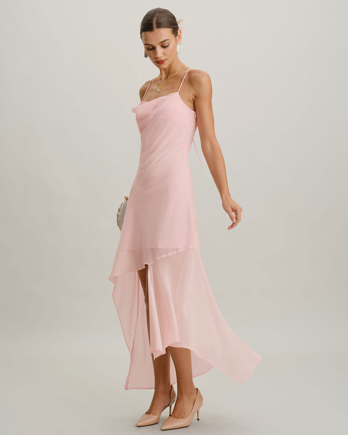 Pembe Şifon A Kesim Slip Midi Elbise