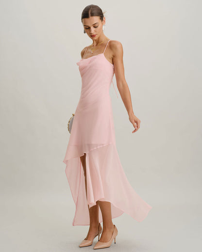 Pembe Şifon A Kesim Slip Midi Elbise