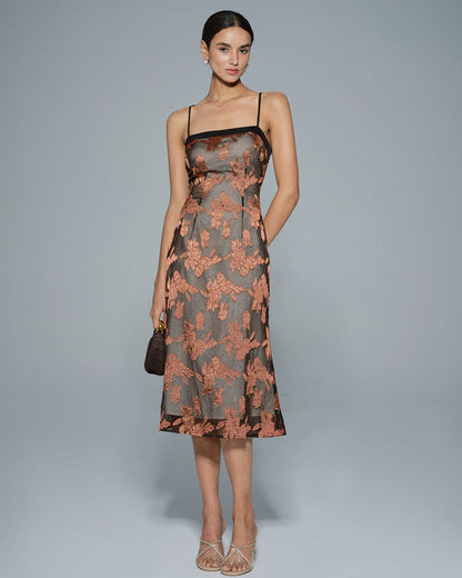 Karamel Çiçek Desenli Slip Midi Elbise
