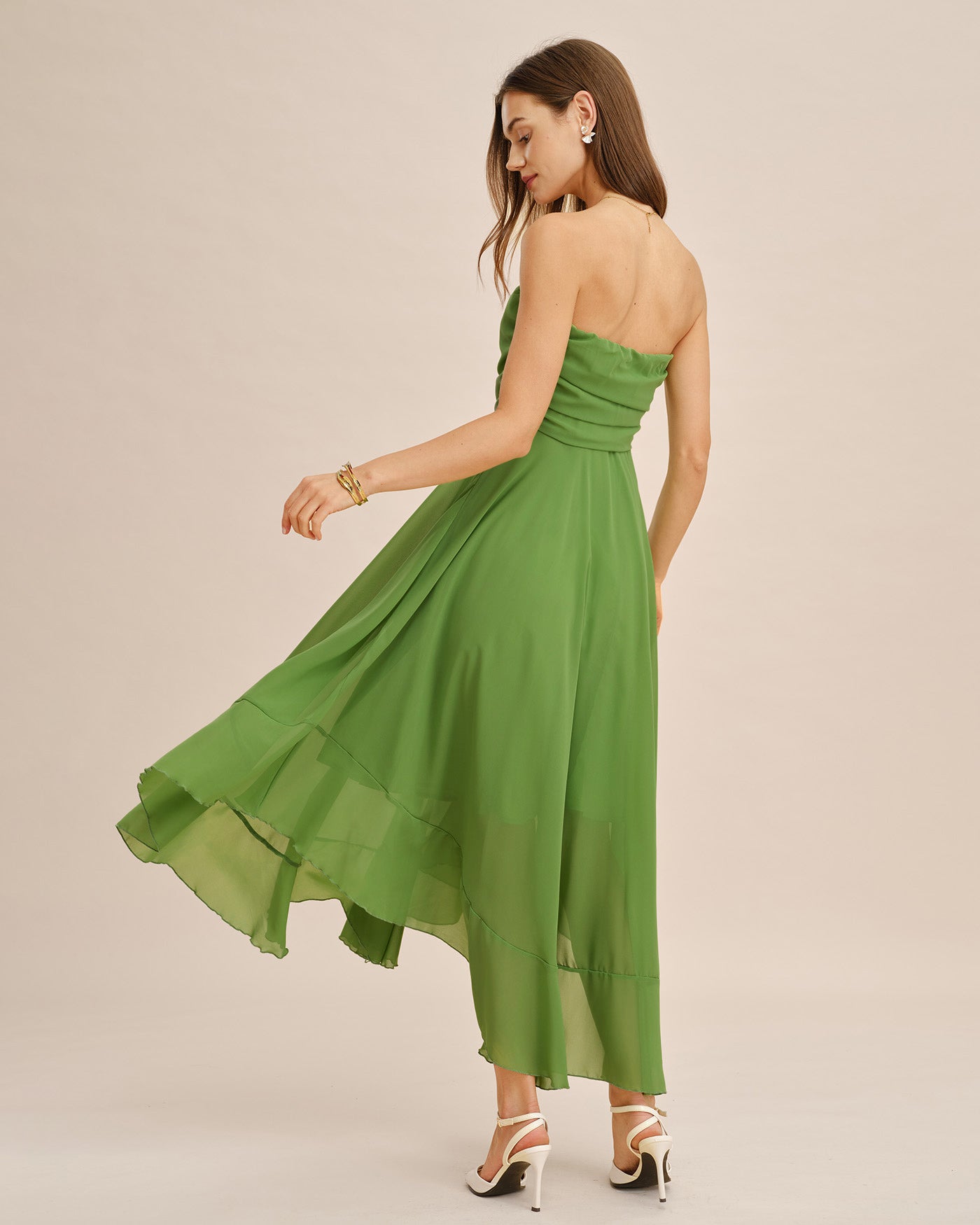 Yeşil Flowy Askısız Midi Elbise