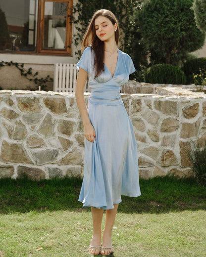 Mavi Drop Shoulder Pileli Midi Elbise