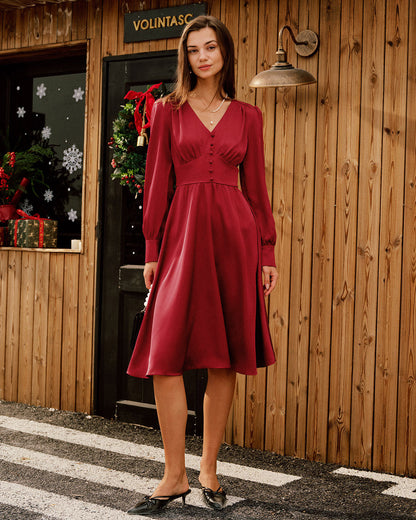 Bordo Saten V Yaka Midi Elbise
