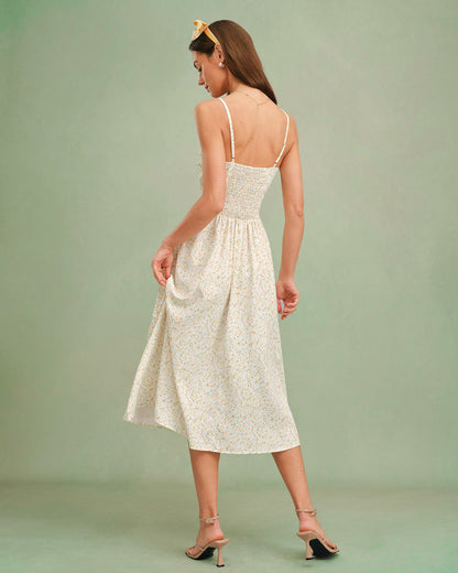 Sarı Kalp Yaka Çiçek Desenli Slip Midi Elbise