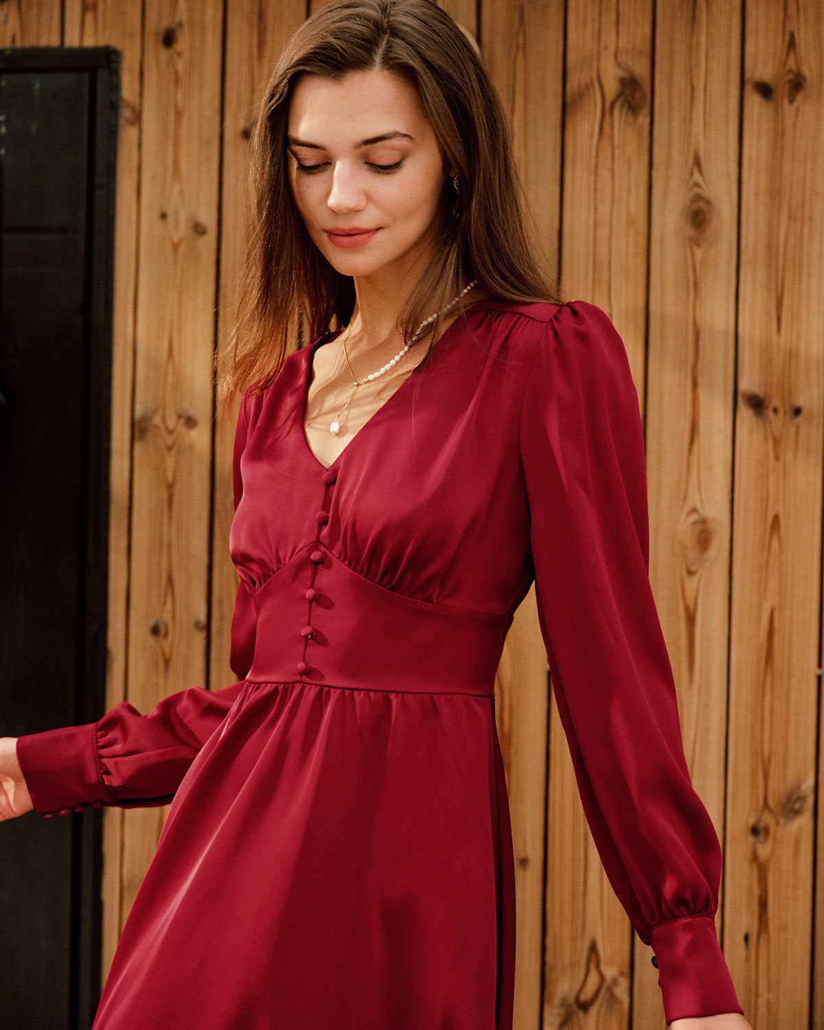 Bordo Saten V Yaka Midi Elbise