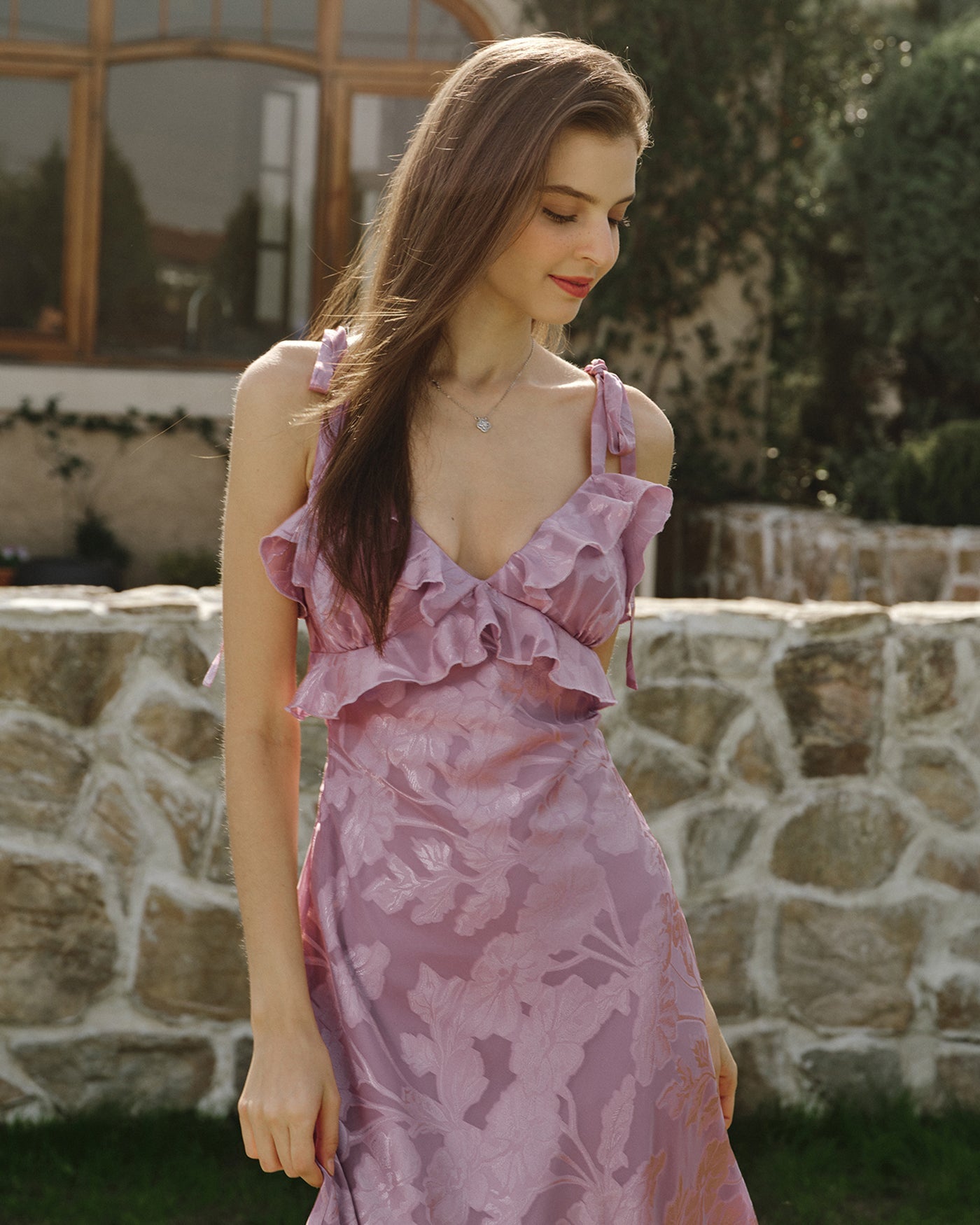 Mor Jakarlı Slip Maxi Elbise