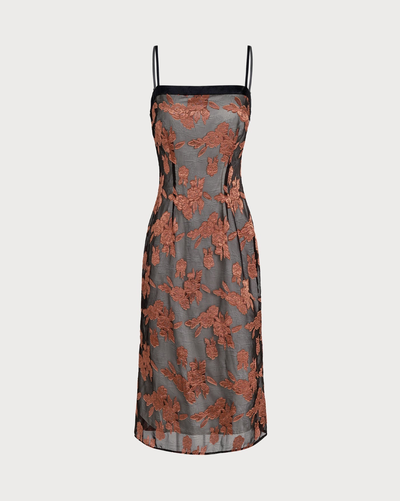 Karamel Çiçek Desenli Slip Midi Elbise