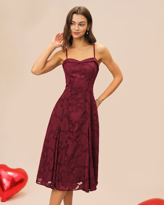 Bordo Kalp Yaka Jakarlı Slip Midi Elbise