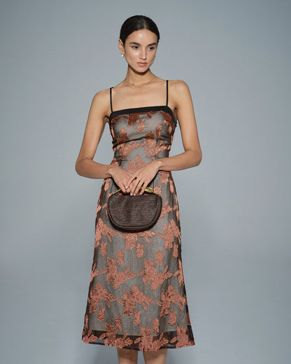Karamel Çiçek Desenli Slip Midi Elbise