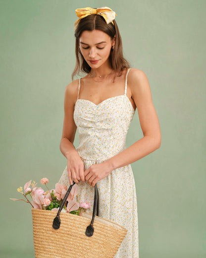 Sarı Kalp Yaka Çiçek Desenli Slip Midi Elbise