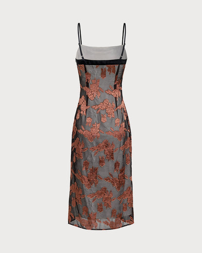 Karamel Çiçek Desenli Slip Midi Elbise