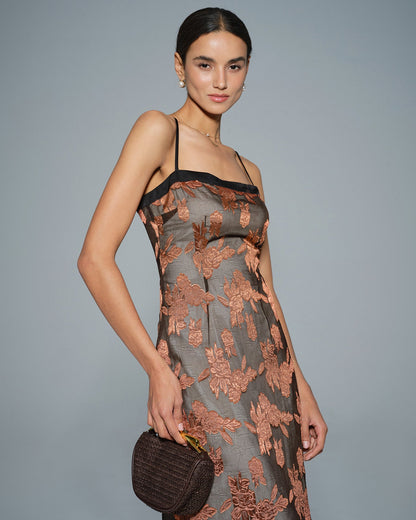 Karamel Çiçek Desenli Slip Midi Elbise