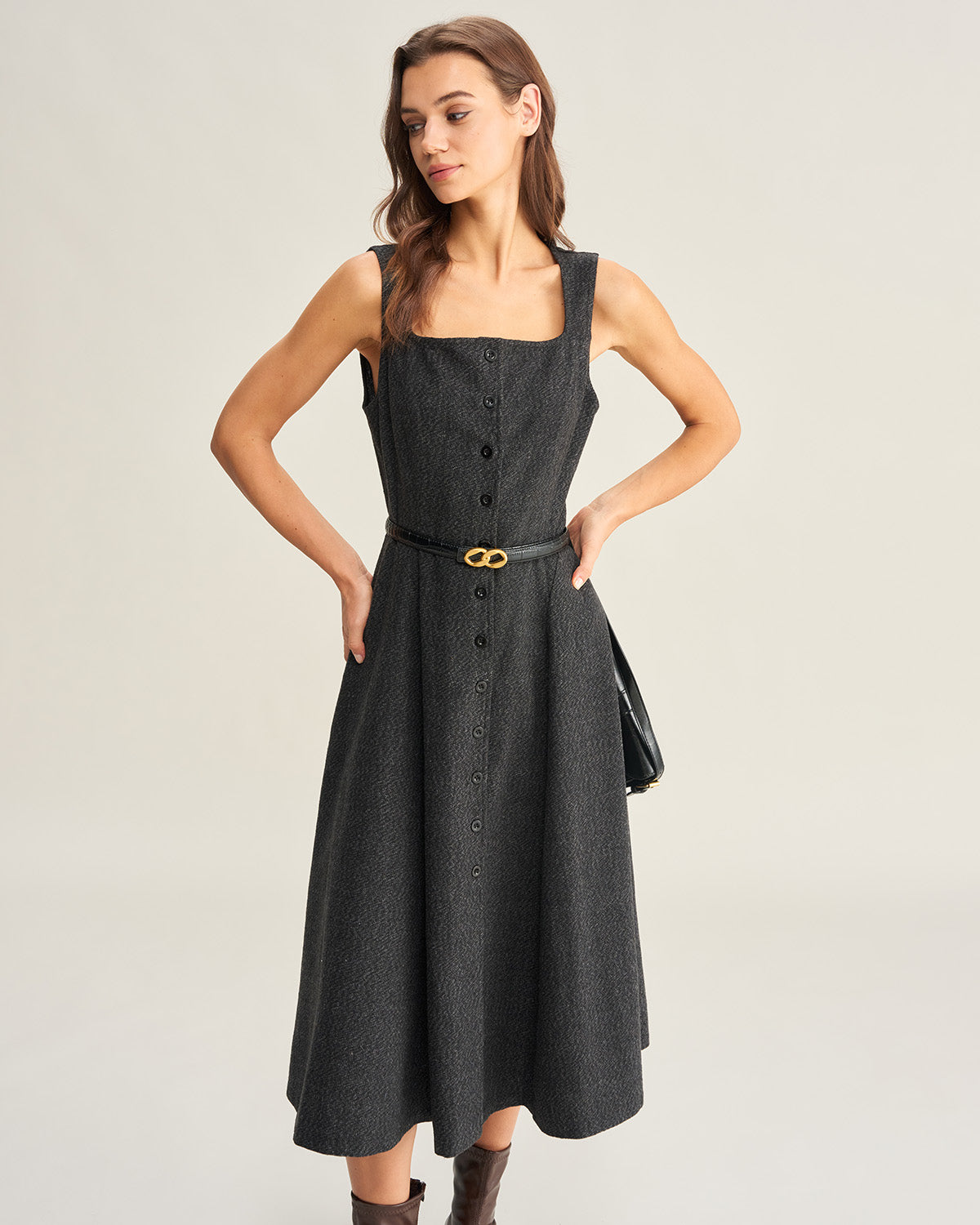 Gri Tweed Kolsuz Midi Elbise