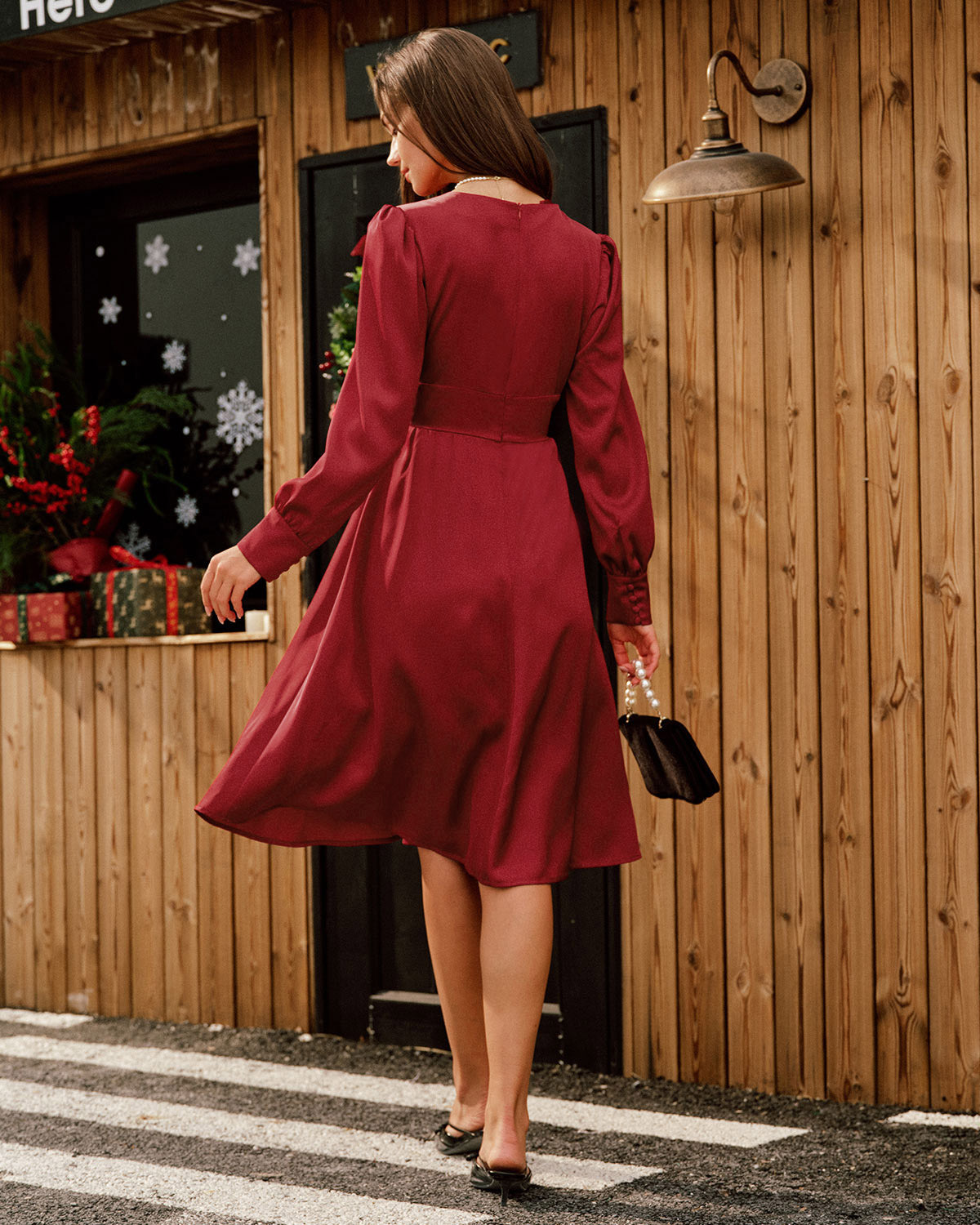 Bordo Saten V Yaka Midi Elbise