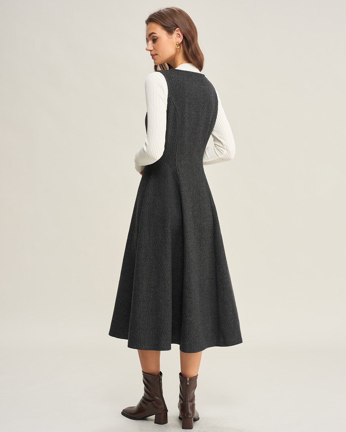 Gri Tweed Kolsuz Midi Elbise