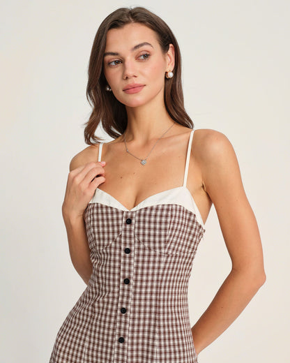 Kahve Ekoseli Slip Midi Elbise