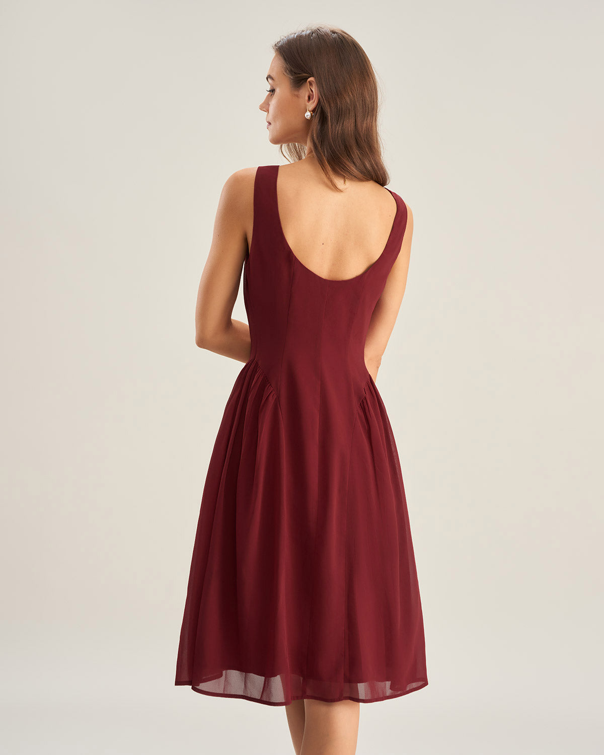 Bordo Şifon Kolsuz Midi Elbise