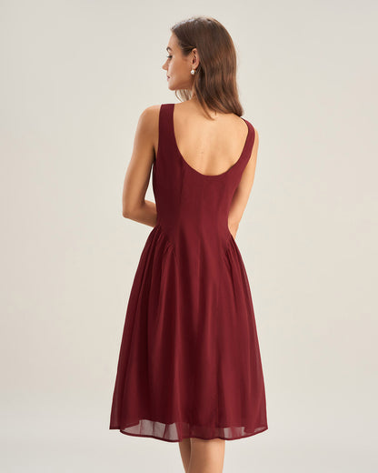 Bordo Şifon Kolsuz Midi Elbise