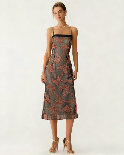 Karamel Çiçek Desenli Slip Midi Elbise