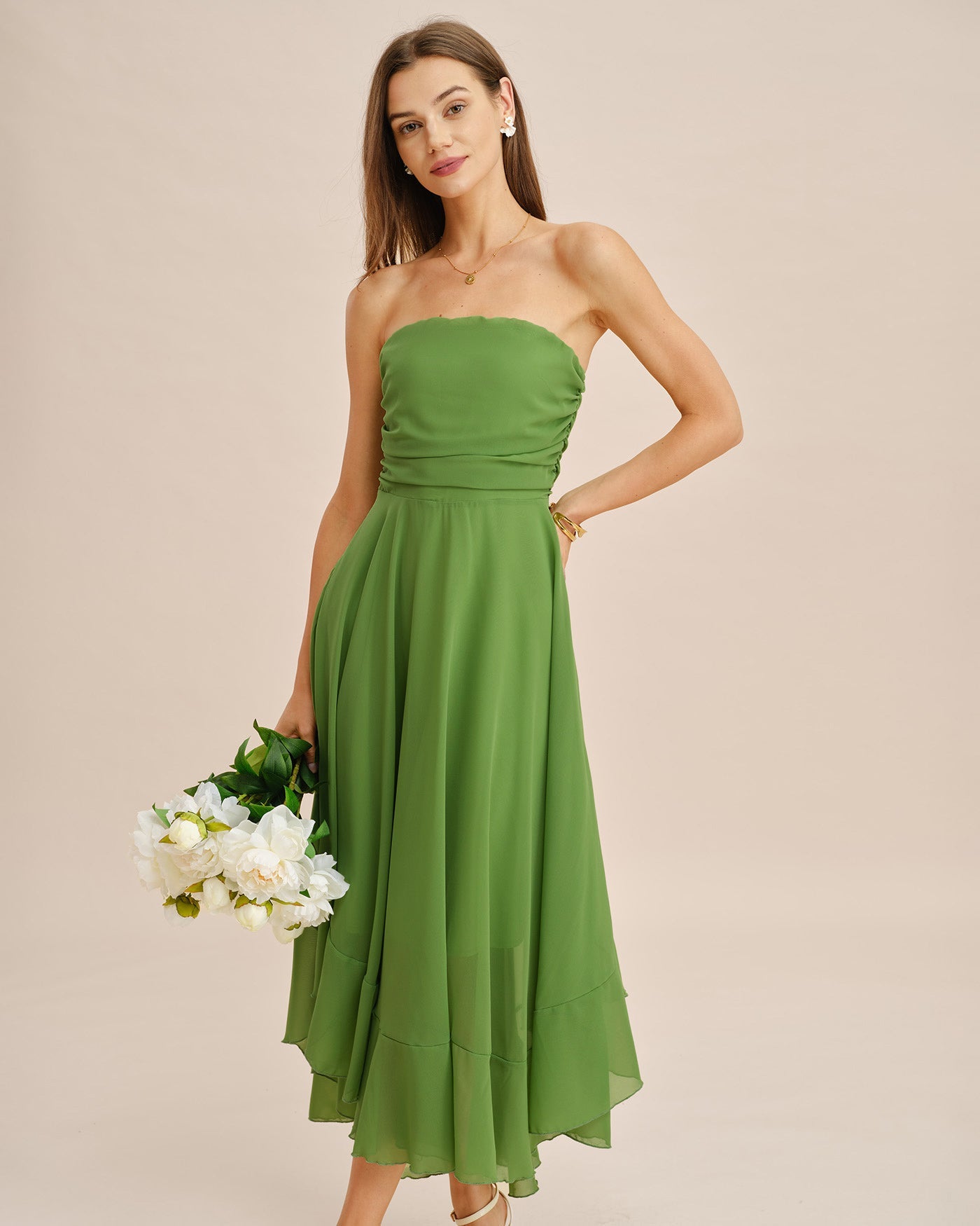 Yeşil Flowy Askısız Midi Elbise
