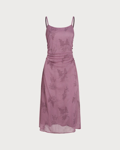 Mor Çiçek Desenli Büzgülü Slip Midi Elbise