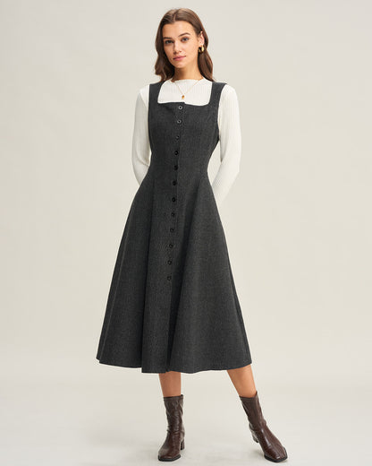 Gri Tweed Kolsuz Midi Elbise
