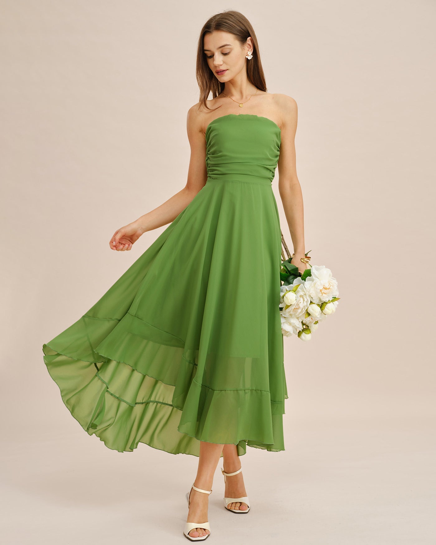 Yeşil Flowy Askısız Midi Elbise