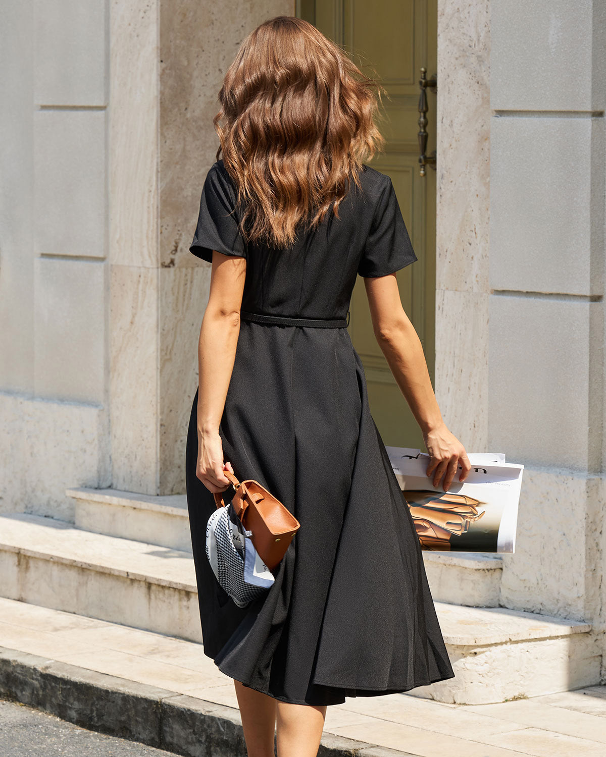 Siyah A Kesim Belted Midi Elbise
