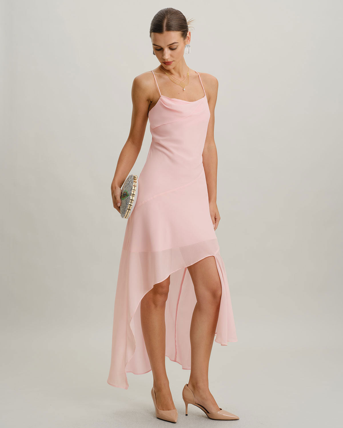 Pembe Şifon A Kesim Slip Midi Elbise