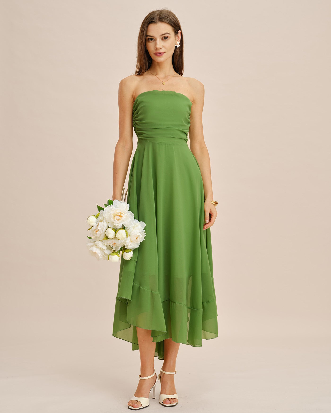 Yeşil Flowy Askısız Midi Elbise