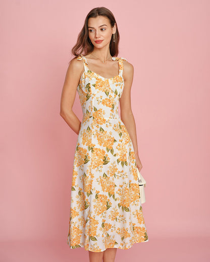 Turuncu Çiçek Desenli Slip Midi Elbise