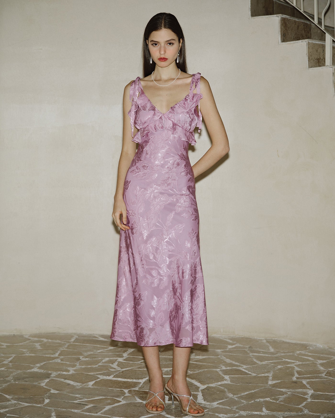 Mor Jakarlı Slip Maxi Elbise