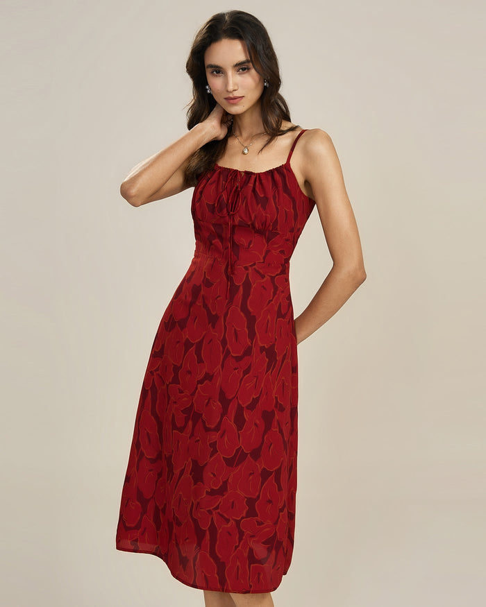 Kırmızı Büzgülü Çiçek Desenli Slip Midi Elbise