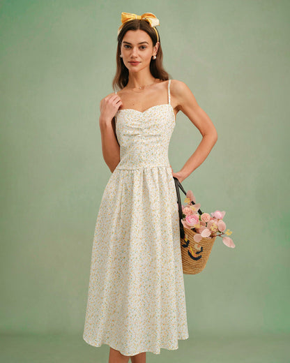 Sarı Kalp Yaka Çiçek Desenli Slip Midi Elbise