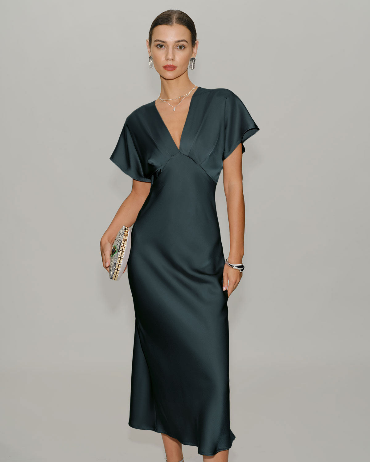 Gri Yeşil Saten Cowl Sleeve Midi Elbise