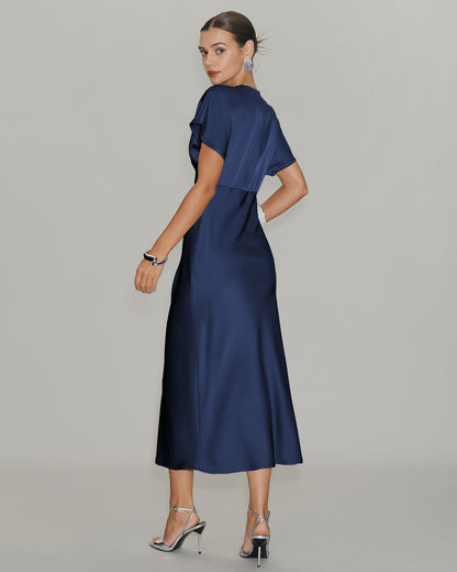 Lacivert Saten Cowl Sleeve Midi Elbise