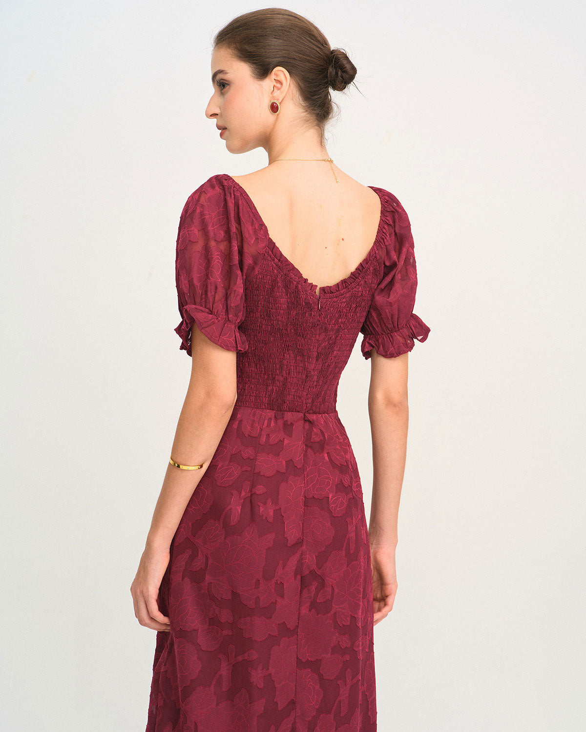 Bordo Jakarlı Yırtmaçlı Midi Elbise