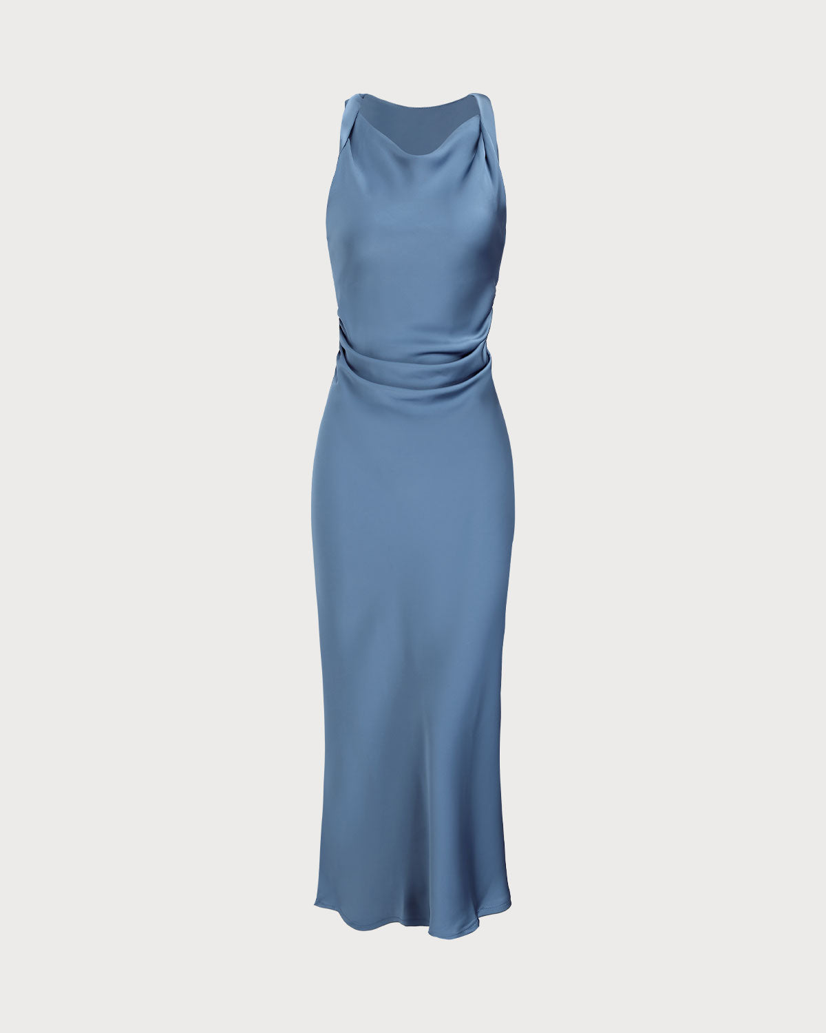 Mavi Saten Kayık Yaka Slip Midi Elbise