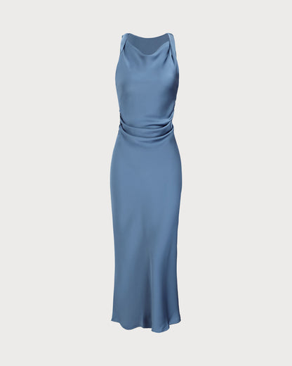Mavi Saten Kayık Yaka Slip Midi Elbise