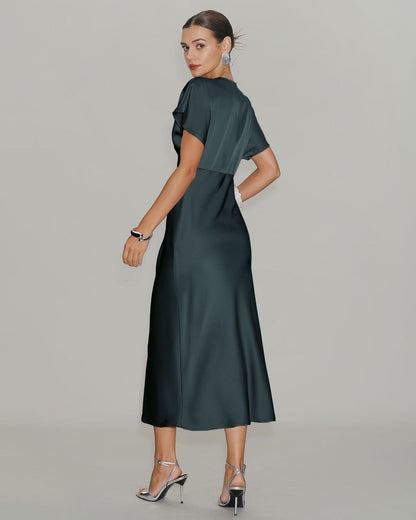 Gri Yeşil Saten Cowl Sleeve Midi Elbise