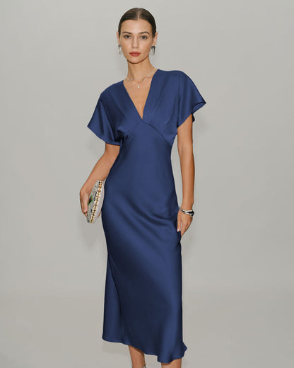 Lacivert Saten Cowl Sleeve Midi Elbise