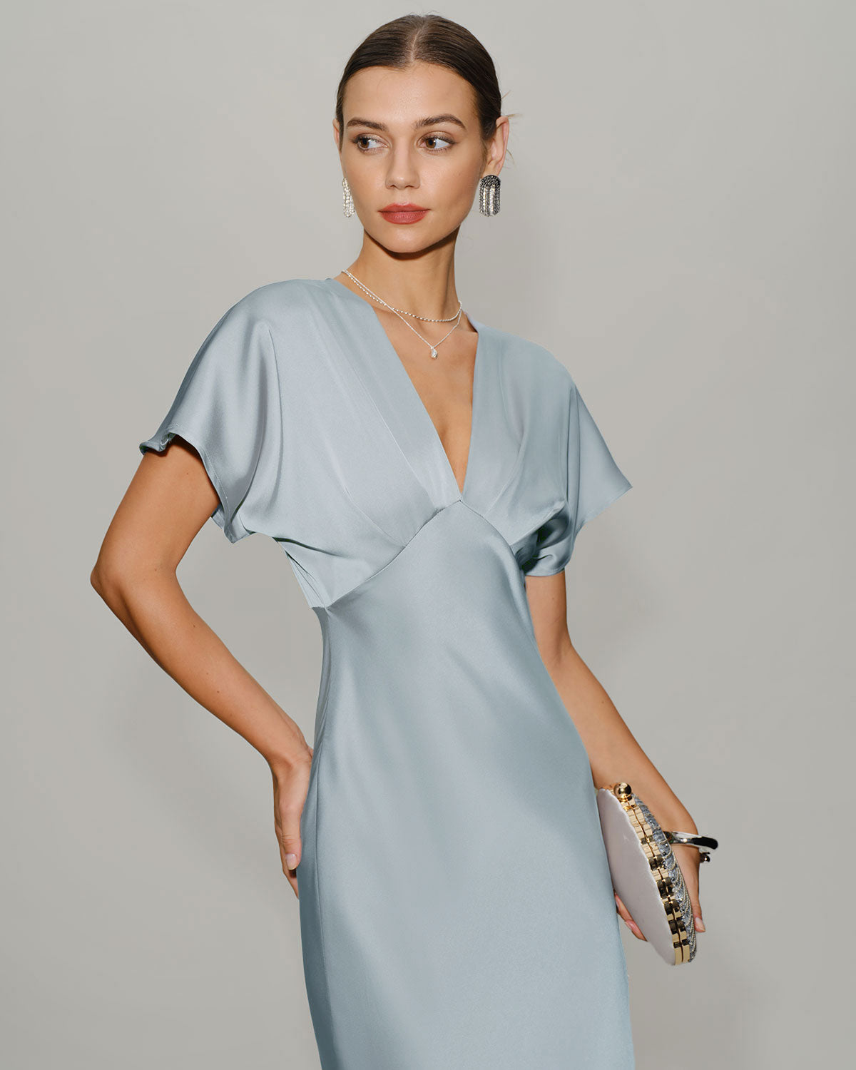 Mavi V Yaka Cowl Sleeve Saten Midi Elbise