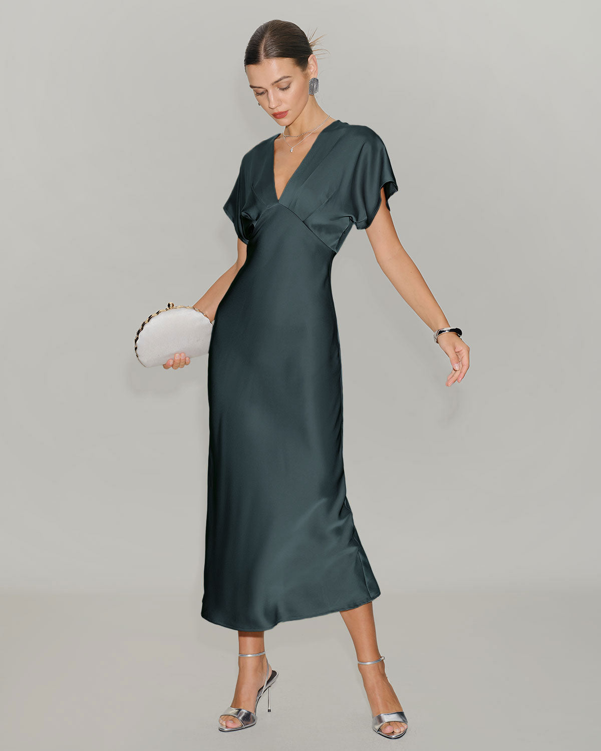 Gri Yeşil Saten Cowl Sleeve Midi Elbise