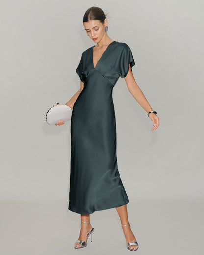Gri Yeşil Saten Cowl Sleeve Midi Elbise