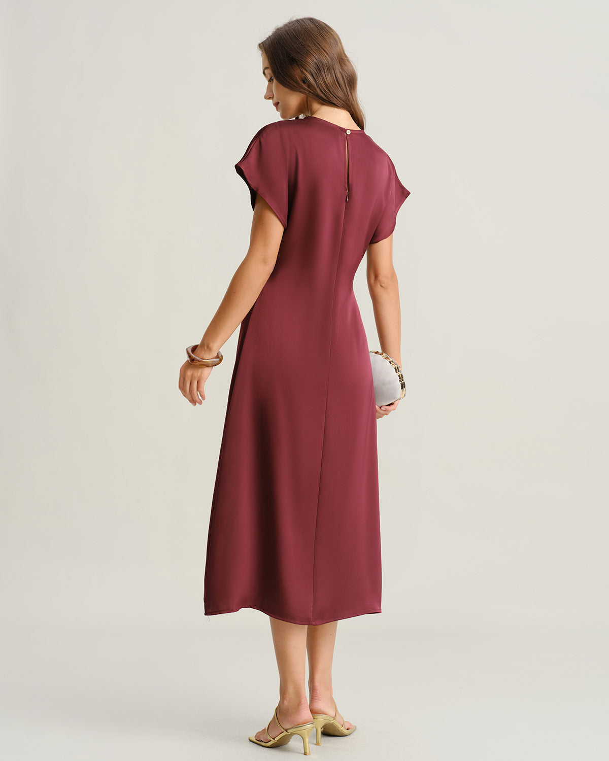 Kırmızı Saten Cowl Sleeve A Kesim Midi Elbise