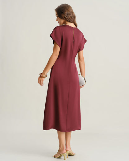 Kırmızı Saten Cowl Sleeve A Kesim Midi Elbise