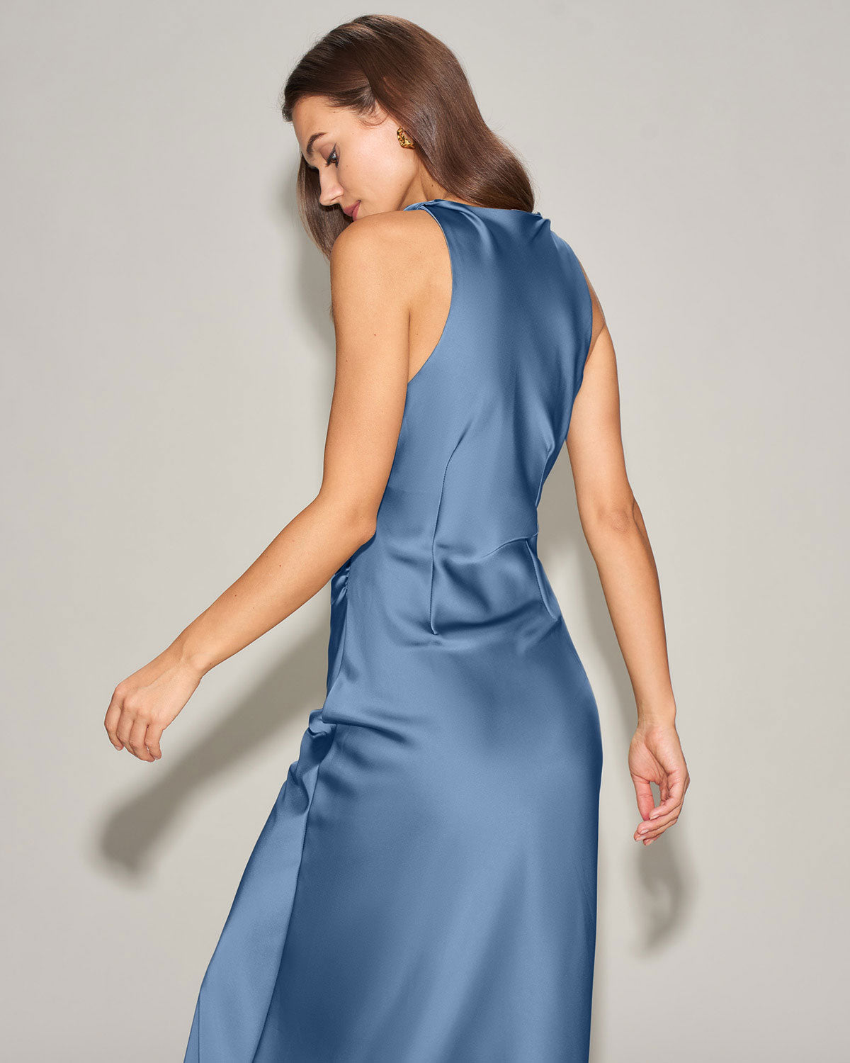 Mavi Saten Kayık Yaka Slip Midi Elbise