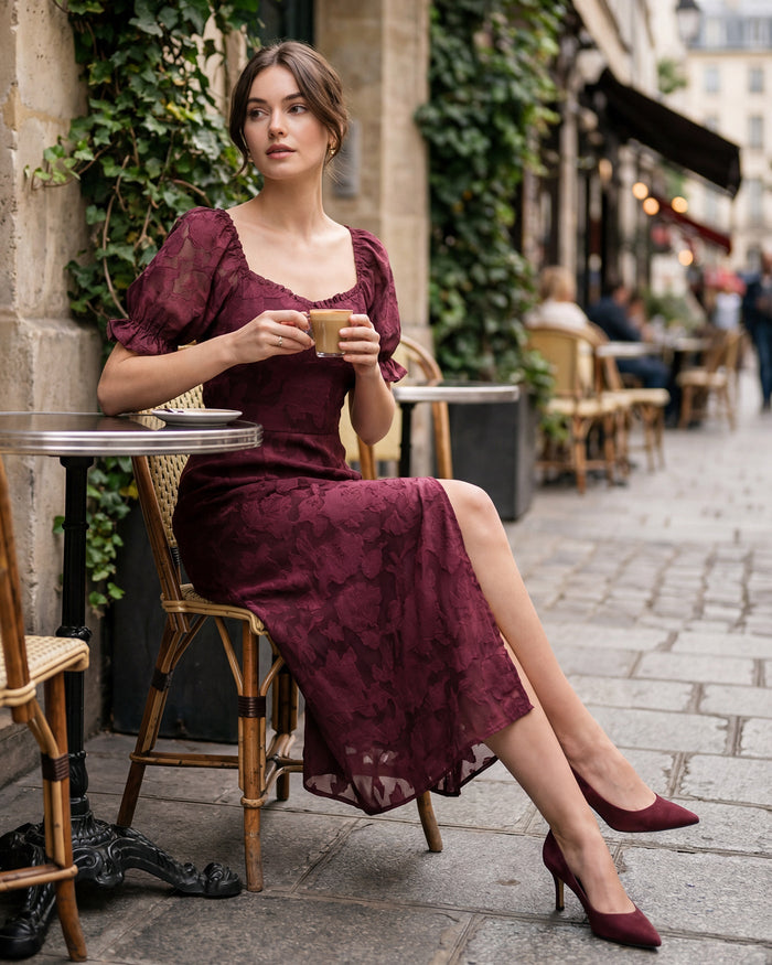 Bordo Jakarlı Yırtmaçlı Midi Elbise