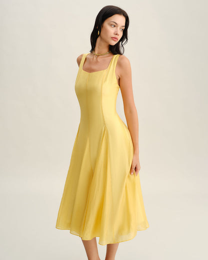 Sarı Kare Yaka Pileli Slip Midi Elbise